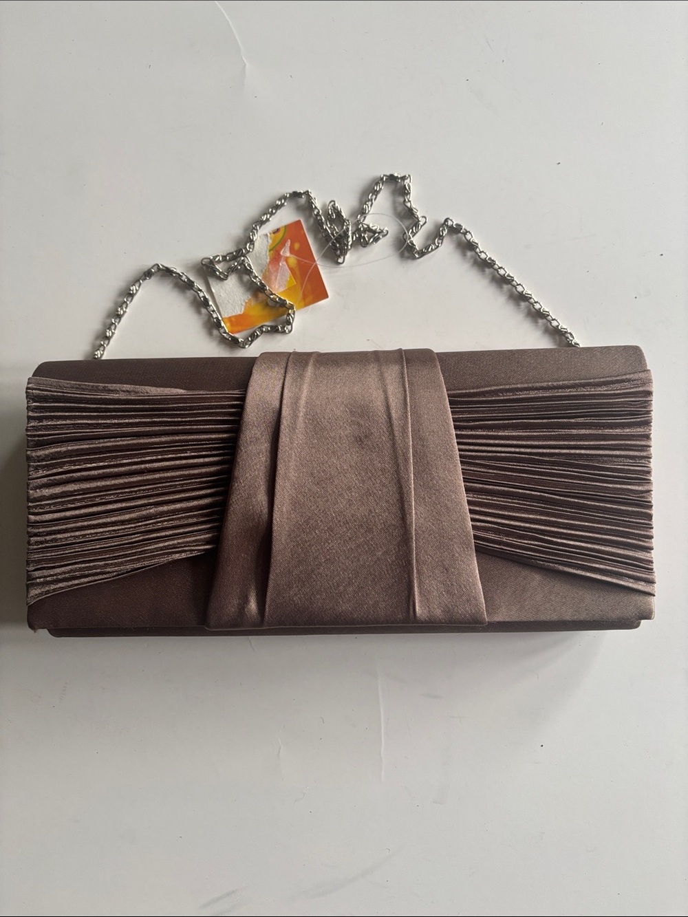 Brown Satin Pleated Evening Clutch with Chain Strap